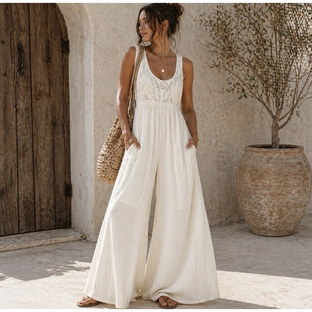 Ivory Crochet Lace Boho Wide Leg Jumpsuit Resort Beach Cover Up - Picture 1 of 13